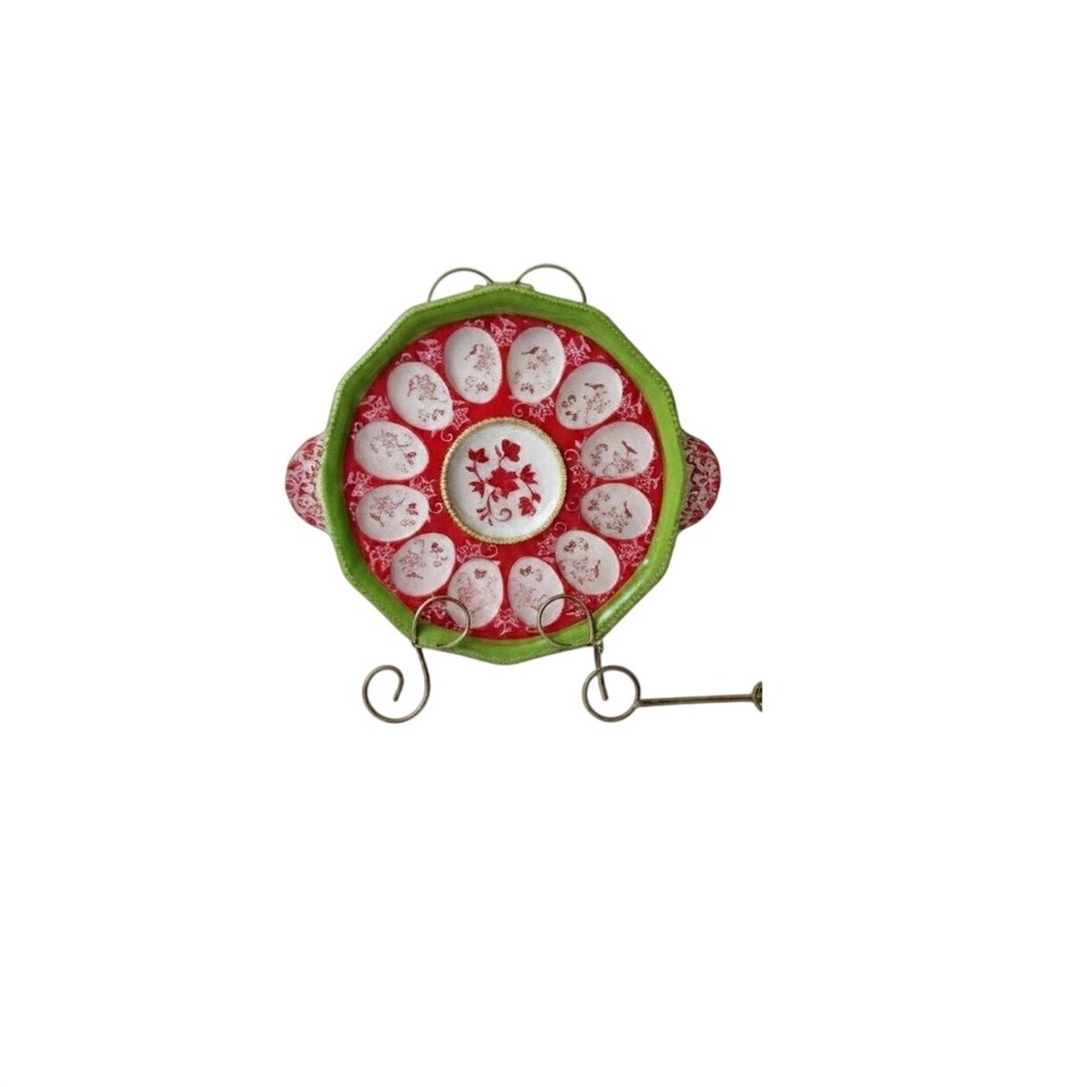 Temp-tations by Tara Deviled Egg Platter Red Lime Green Floral Ceramic 12 Slot